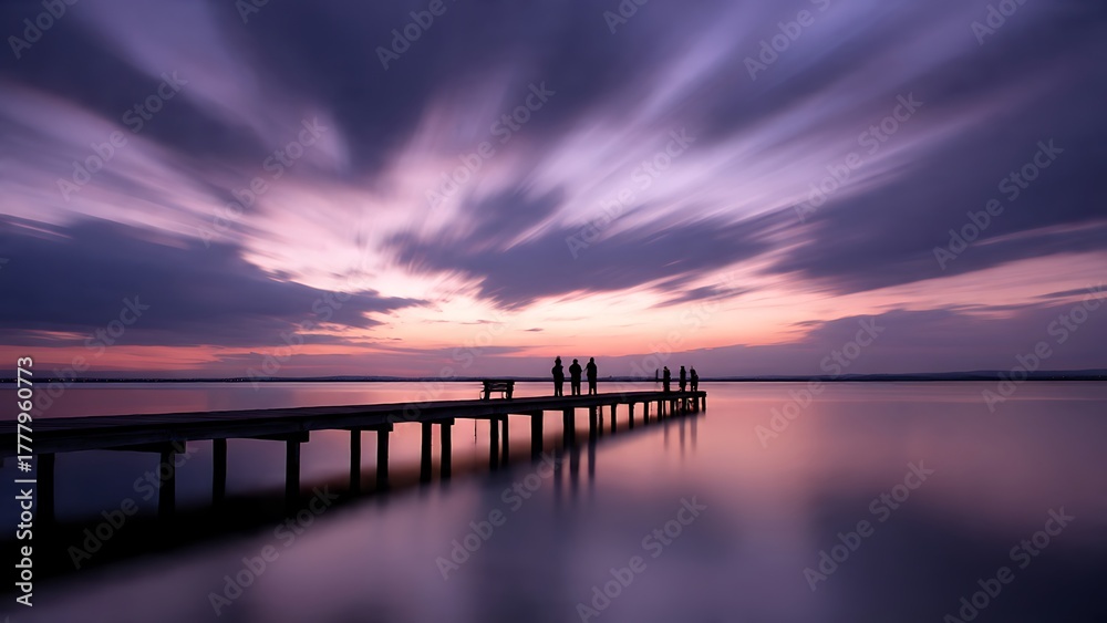 Fototapeta premium A captivating view of a wooden pier stretching into tranquil waters beneath a dramatic sky filled with long exposure clouds. A group of people stand at the end, adding a sense of scale and serenity.