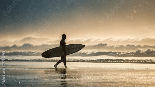 Silhouette of a surfer walking along the beach with his surfboard during sunset. The golden hues of the sun casting a warm glow on the scene