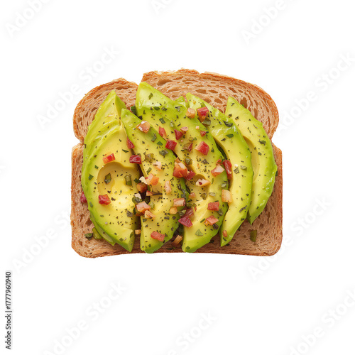 Delicious Avocado Toast Topped With Herbs and Diced Tomatoes on Whole Grain B...