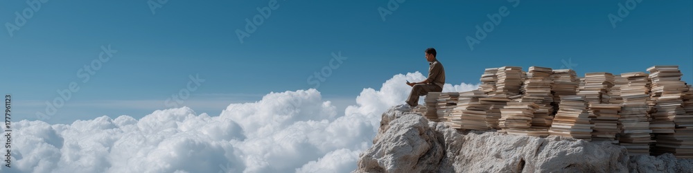 Fototapeta premium Young hispanic male sitting on rock with pile of books against cloudy sky background