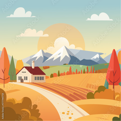 Jolie illustration d'un paysage automnal et bucolique, vallée, couleurs de l'automne, nature calme, montagnes, arbres, maisons 