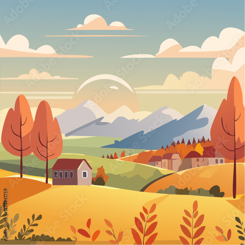 Jolie illustration d'un paysage automnal et bucolique, vallée, couleurs de l'automne, nature calme, montagnes, arbres, maisons 