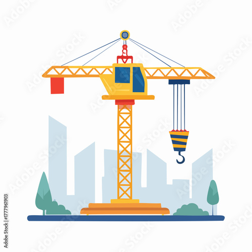 Une grue de chantier isolée sur fond blanc, génie civil, travaux publics, manutention, la ville en arrière plan 