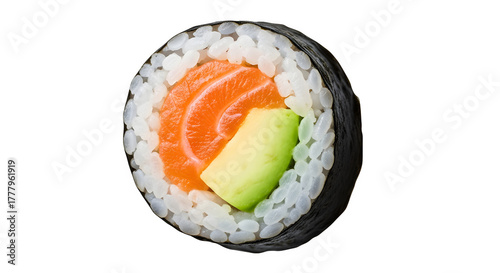 Close up of a salmon avocado sushi roll isolated on transparent background for menu design