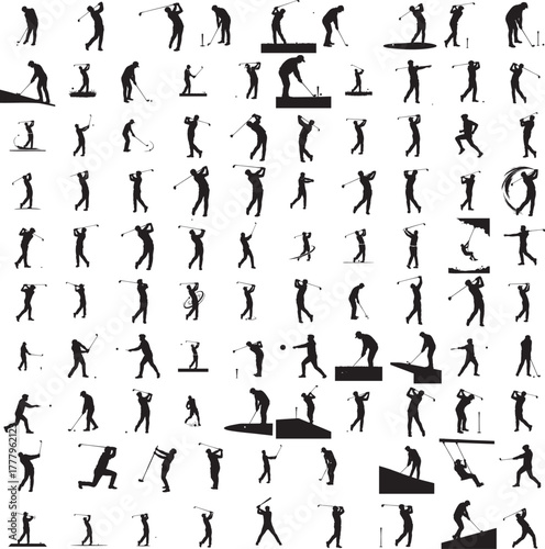 Silhouette of a person hitting golf ball isolated on white background