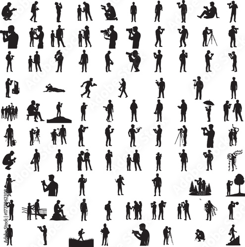 Silhouette of a person holding camera isolated on white background