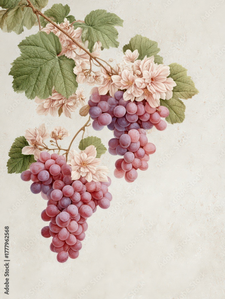 Fototapeta premium Grape and Flower Elegance: A delicate composition of luscious purple grapes and delicate flowers, artfully arranged to capture the essence of natural beauty.