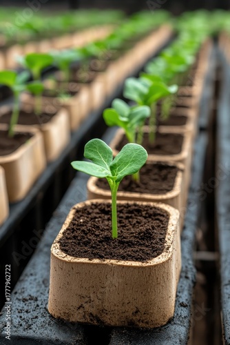 Rows of young green seedlings grow in peat pots on a dark shelf, representing urban agriculture and plant propagation.