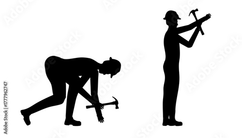 Silhouette of man working with hammer, building construction activity