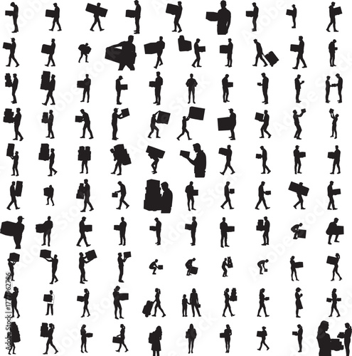 Silhouette of a person carrying boxes isolated on white backgroundSilhouette of a person carrying boxes isolated on white background