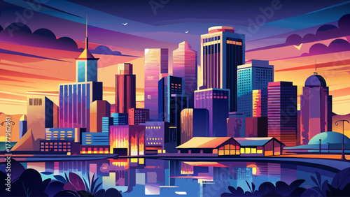 Very beautiful New Orleans, Louisiana, USA CBD skyline, modern high-rise buildings glowing under the evening sky, reflecting light on the Mississippi River, showcasing the vibrant heart of the city 