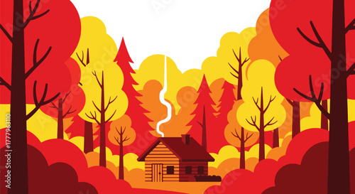 Flat vector of a cozy cabin surrounded by maple trees with golden leaves and chimney smoke, warm fall atmosphere