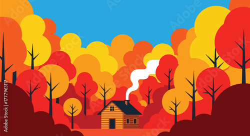 Flat vector of a cozy cabin surrounded by maple trees with golden leaves and chimney smoke, warm fall atmosphere