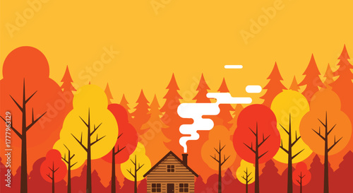 Flat vector of a cozy cabin surrounded by maple trees with golden leaves and chimney smoke, warm fall atmosphere