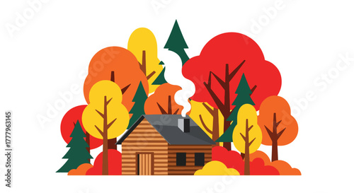 Flat vector of a cozy cabin surrounded by maple trees with golden leaves and chimney smoke, warm fall atmosphere