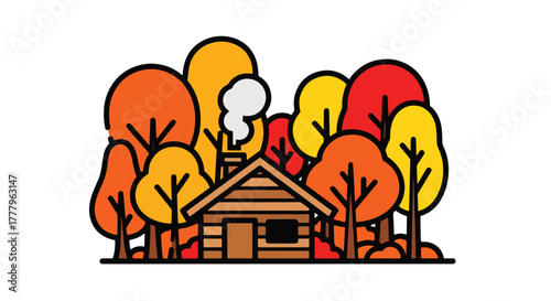 Flat vector of a cozy cabin surrounded by maple trees with golden leaves and chimney smoke, warm fall atmosphere
