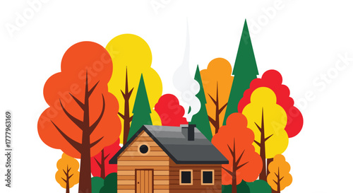 Flat vector of a cozy cabin surrounded by maple trees with golden leaves and chimney smoke, warm fall atmosphere
