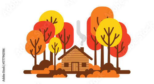 Flat vector of a cozy cabin surrounded by maple trees with golden leaves and chimney smoke, warm fall atmosphere