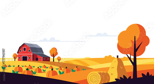 Flat vector wallpaper of pumpkin fields and barn during harvest season with hay bales and fall trees, warm autumn palette