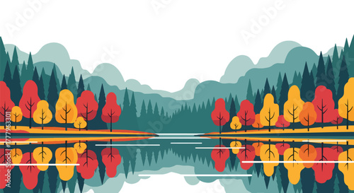 Flat vector of calm lake reflecting orange autumn trees and open sky, peaceful minimalist wallpaper