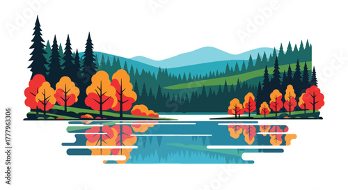 Flat vector of calm lake reflecting orange autumn trees and open sky, peaceful minimalist wallpaper