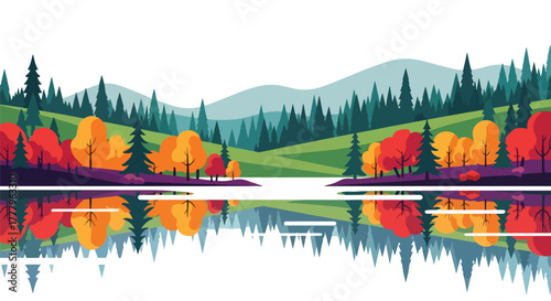 Flat vector of calm lake reflecting orange autumn trees and open sky, peaceful minimalist wallpaper