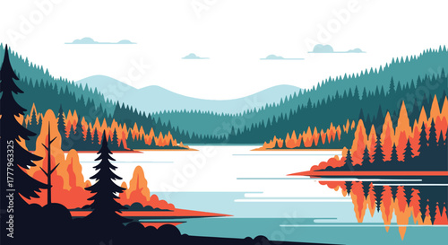 Flat vector of calm lake reflecting orange autumn trees and open sky, peaceful minimalist wallpaper