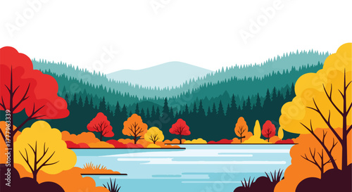 Flat vector of calm lake reflecting orange autumn trees and open sky, peaceful minimalist wallpaper