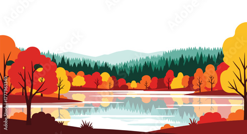Flat vector of calm lake reflecting orange autumn trees and open sky, peaceful minimalist wallpaper