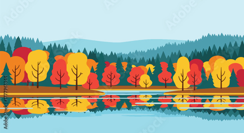Flat vector of calm lake reflecting orange autumn trees and open sky, peaceful minimalist wallpaper