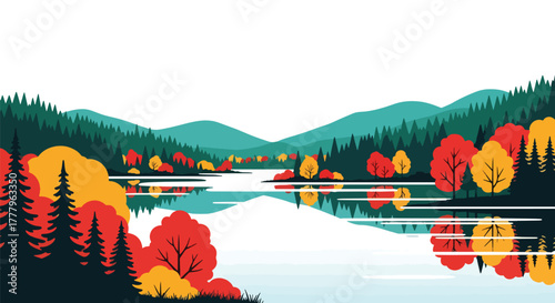 Flat vector of calm lake reflecting orange autumn trees and open sky, peaceful minimalist wallpaper