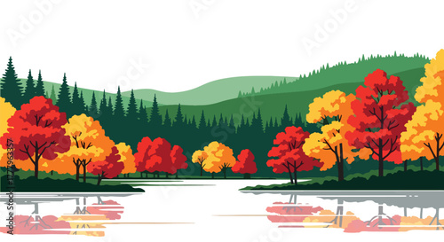 Flat vector of calm lake reflecting orange autumn trees and open sky, peaceful minimalist wallpaper