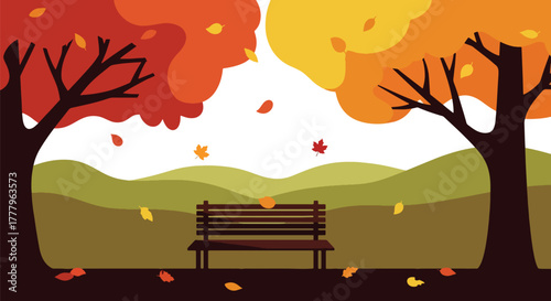 Flat vector wallpaper of park bench under fall trees with swirling leaves, peaceful autumn mood