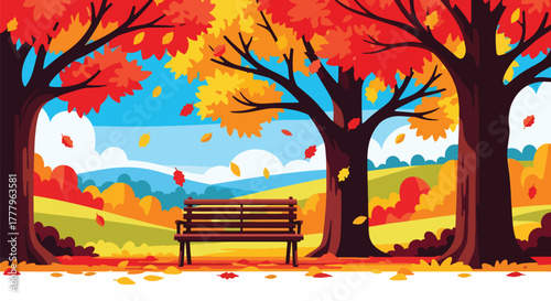 Flat vector wallpaper of park bench under fall trees with swirling leaves, peaceful autumn mood