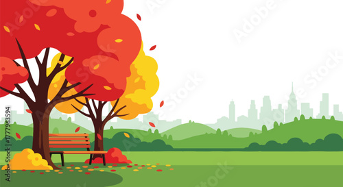 Flat vector wallpaper of park bench under fall trees with swirling leaves, peaceful autumn mood