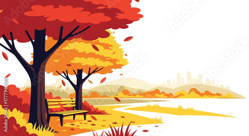 Flat vector wallpaper of park bench under fall trees with swirling leaves, peaceful autumn mood