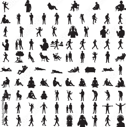 Silhouette of a person listening to music isolated on white background