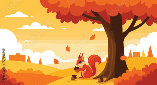 Flat wallpaper of cute squirrel collecting acorns under yellow-orange fall trees, playful autumn theme