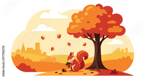 Flat wallpaper of cute squirrel collecting acorns under yellow-orange fall trees, playful autumn theme