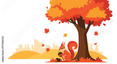 Flat wallpaper of cute squirrel collecting acorns under yellow-orange fall trees, playful autumn theme