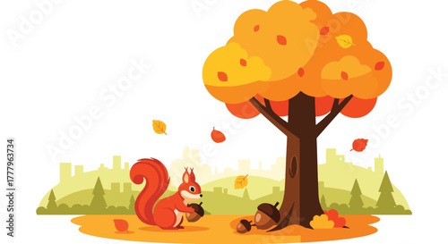 Flat wallpaper of cute squirrel collecting acorns under yellow-orange fall trees, playful autumn theme