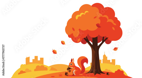 Flat wallpaper of cute squirrel collecting acorns under yellow-orange fall trees, playful autumn theme
