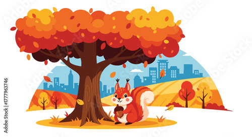 Flat wallpaper of cute squirrel collecting acorns under yellow-orange fall trees, playful autumn theme