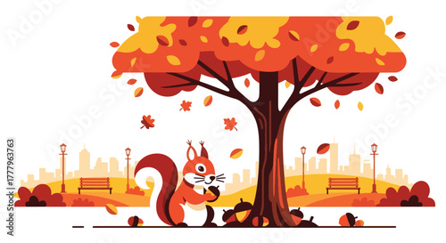 Flat wallpaper of cute squirrel collecting acorns under yellow-orange fall trees, playful autumn theme