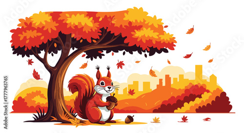 Flat wallpaper of cute squirrel collecting acorns under yellow-orange fall trees, playful autumn theme