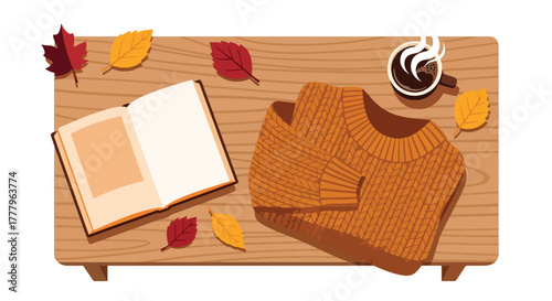 Flat overhead wallpaper of coffee mug, book, and sweater with leaves scattered, cozy fall atmosphere