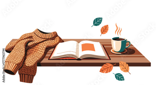 Flat overhead wallpaper of coffee mug, book, and sweater with leaves scattered, cozy fall atmosphere