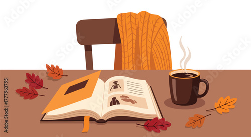 Flat overhead wallpaper of coffee mug, book, and sweater with leaves scattered, cozy fall atmosphere
