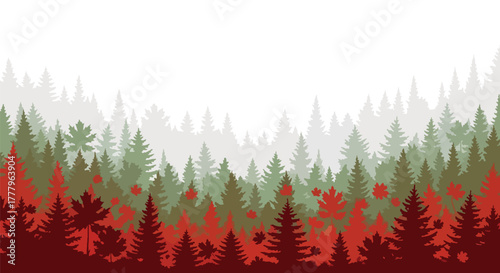 Flat vector wallpaper of layered mountain ranges covered with autumn trees, depth using solid tone layers
