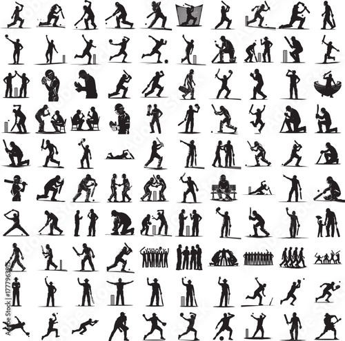 Silhouette of a person playing cricket isolated on white background